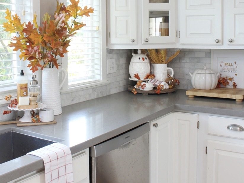 A kitchen countertop featuring a vase of autumn leaves, a decorative owl, and a white pumpkin. There are also kitchen supplies like soap and towels, with white cabinets and a marble backsplash in the background.
